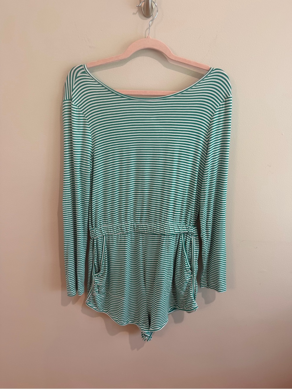 Free People Beach Emerald Green and White Striped Long-Sleeve Romper